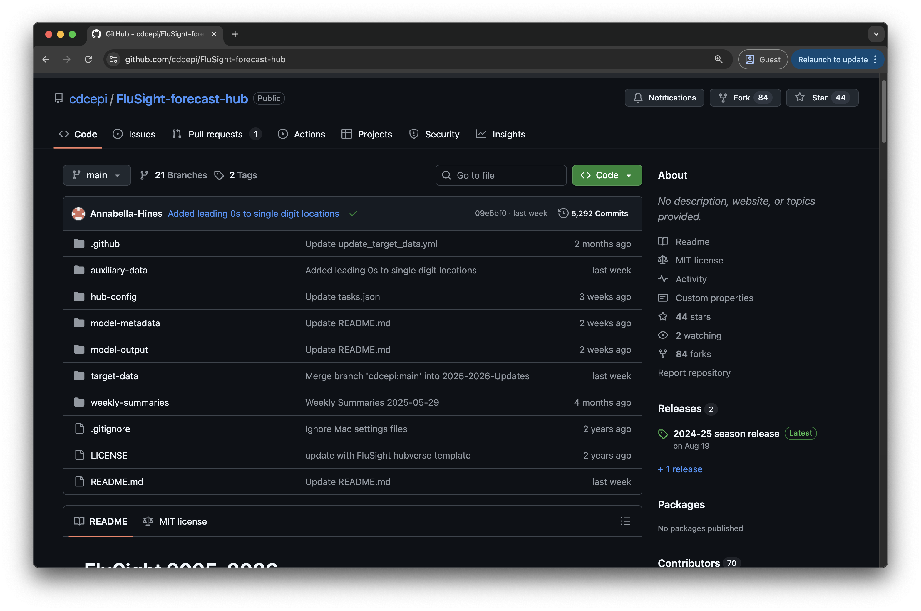 Screenshot of CDC Flusight Hub Github repo